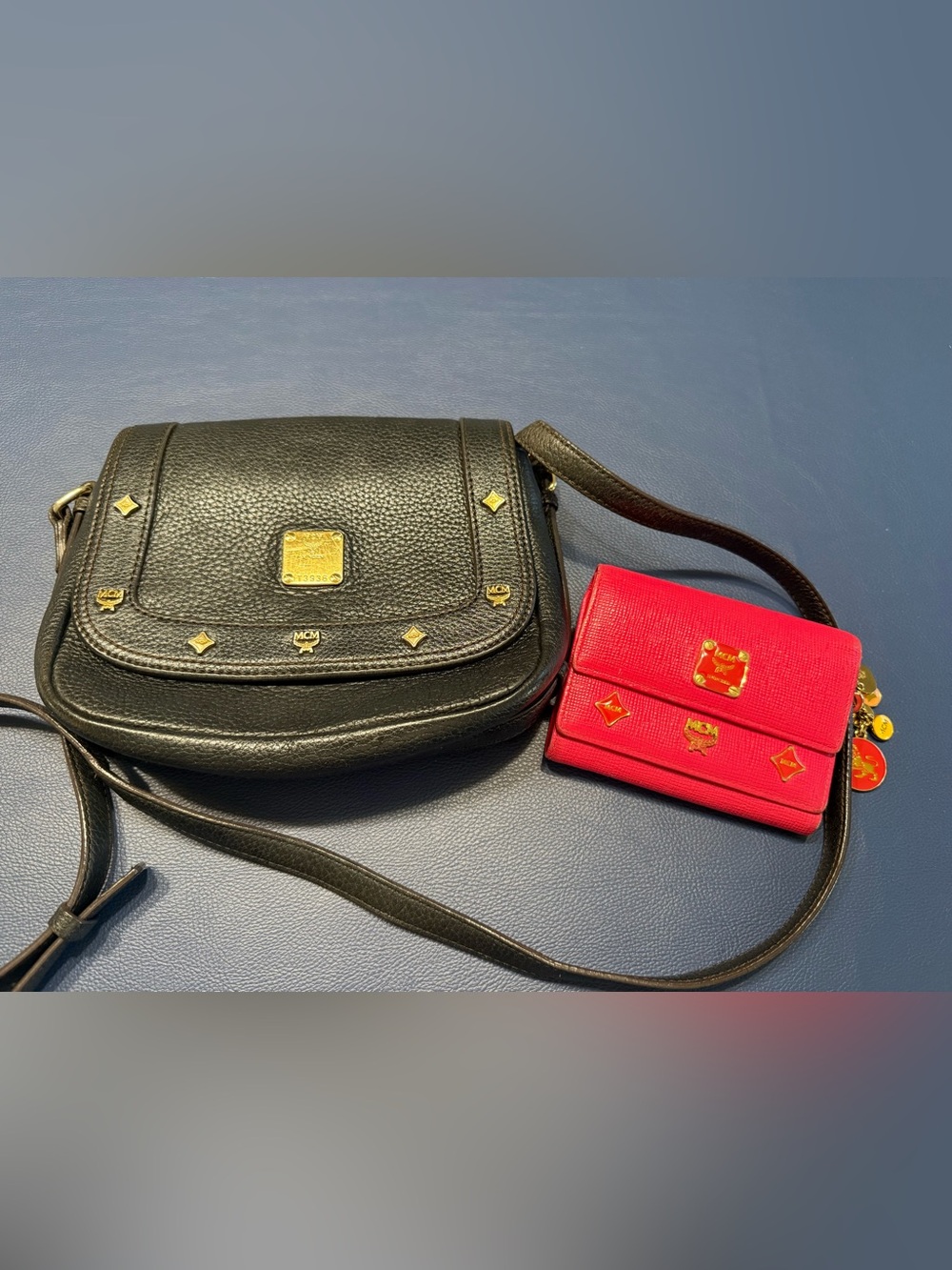MCM Black Leather Crossbody with Red Wallet Set